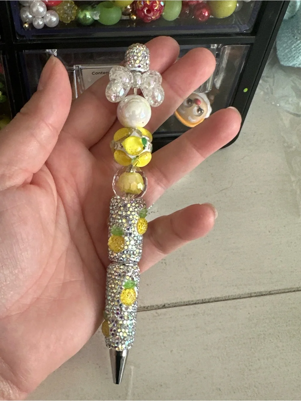 Yellow Bead & Crystal Ballpoint Pen Pendant - Women Jewelry